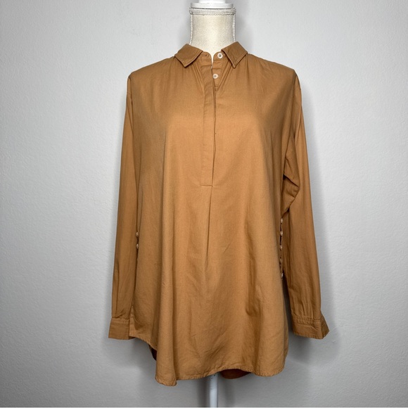 Anthropologie Tops - Anthropologie Side Button Tunic Blouse Camel Hidden Placket Cotton Size S